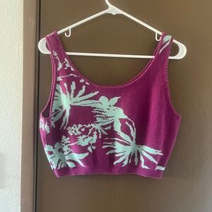 Size XL Purple and Teal Leaf Pattern Crop Tank Top